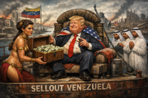 Donald Trump on a throne aboard Venezuelan oil tanker “Sellout Venezuela” receiving money, political satire illustration, world news.